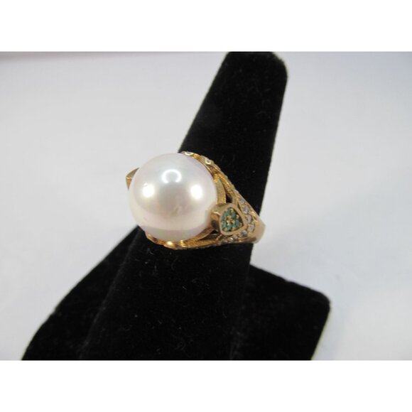 Faux Pearl Green and Clear Rhinestone Sterling Silver Gold Vermeil Ring Size 8.2 - Picture 4 of 12